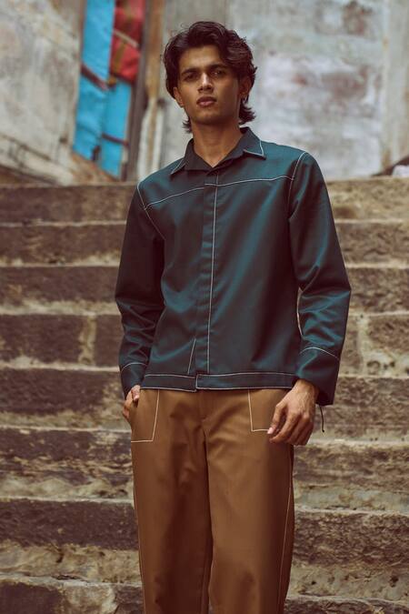 Dash And Dot_Green Polyester, Viscose, Lycra Embroidery Running Stitch Shirt _Online_at_Aza_Fashions