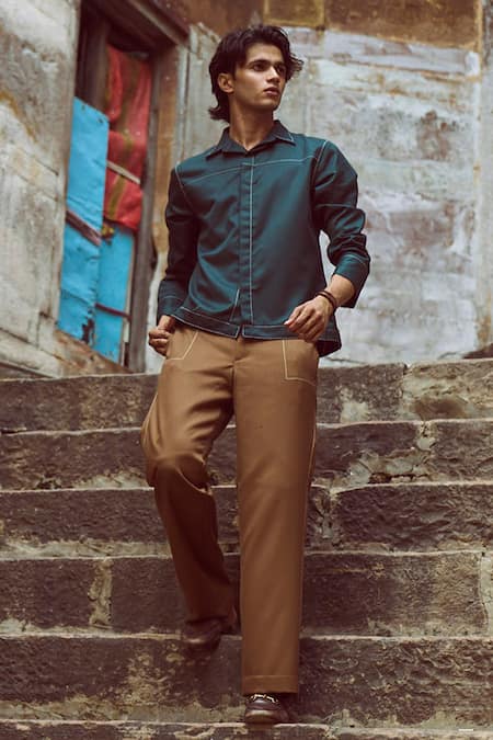 Shop_Dash And Dot_Green Polyester, Viscose, Lycra Embroidery Running Stitch Shirt _Online_at_Aza_Fashions