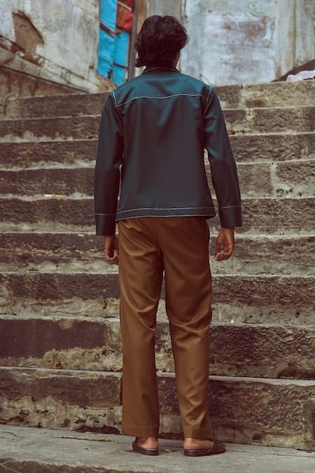 Shop_Dash And Dot_Green Polyester, Viscose, Lycra Embroidery Running Stitch Shirt And Brown Pant Set _at_Aza_Fashions