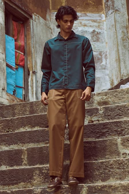 Shop_Dash And Dot_Green Polyester, Viscose, Lycra Embroidery Running Stitch Shirt And Brown Pant Set _Online_at_Aza_Fashions
