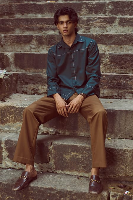 Dash And Dot_Green Polyester, Viscose, Lycra Embroidery Running Stitch Shirt And Brown Pant Set _at_Aza_Fashions