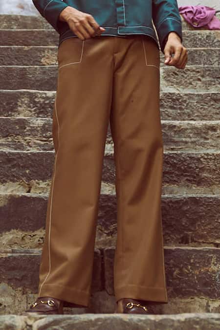 Buy Dash And Dot Brown Polyester, Viscose, Lycra Running Stitch Pant Online at Aza Fashions Buy_Dash And Dot_Brown Polyester, Viscose, Lycra Running Stitch Pant _Online_at_Aza_Fashions