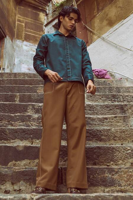 Shop Dash And Dot Brown Polyester, Viscose, Lycra Running Stitch Pant Online at Aza Fashions Shop_Dash And Dot_Brown Polyester, Viscose, Lycra Running Stitch Pant _Online_at_Aza_Fashions