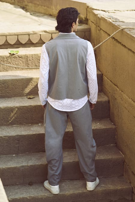 Shop Dash And Dot Grey Polyester, Viscose, Lycra Lapel Collar Boxy Waistcoat With Pant at Aza Fashions Shop_Dash And Dot_Grey Polyester, Viscose, Lycra Lapel Collar Boxy Waistcoat With Pant _at_Aza_Fashions