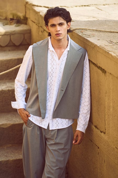 Buy Dash And Dot Grey Polyester, Viscose, Lycra Lapel Collar Boxy Waistcoat With Pant Online at Aza Fashions Buy_Dash And Dot_Grey Polyester, Viscose, Lycra Lapel Collar Boxy Waistcoat With Pant _Online_at_Aza_Fashions