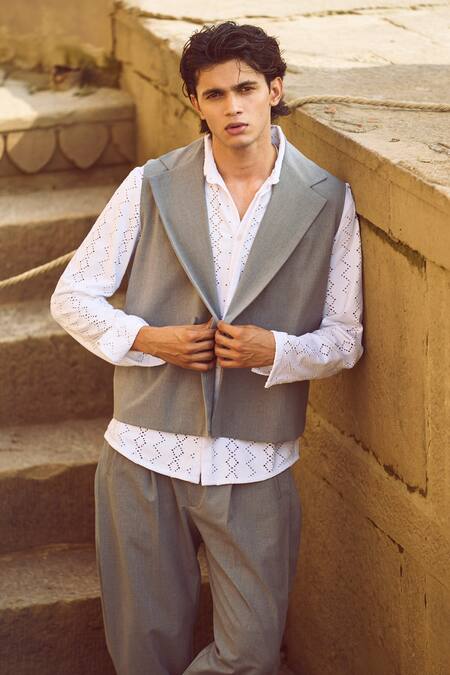 Shop Dash And Dot Grey Polyester, Viscose, Lycra Lapel Collar Boxy Waistcoat With Pant Online at Aza Fashions Shop_Dash And Dot_Grey Polyester, Viscose, Lycra Lapel Collar Boxy Waistcoat With Pant _Online_at_Aza_Fashions