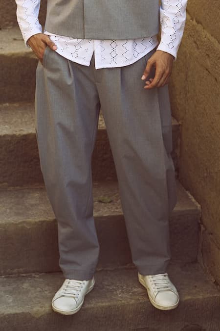 Dash And Dot Grey Polyester, Viscose, Lycra Lapel Collar Boxy Waistcoat With Pant at Aza Fashions Dash And Dot_Grey Polyester, Viscose, Lycra Lapel Collar Boxy Waistcoat With Pant _at_Aza_Fashions