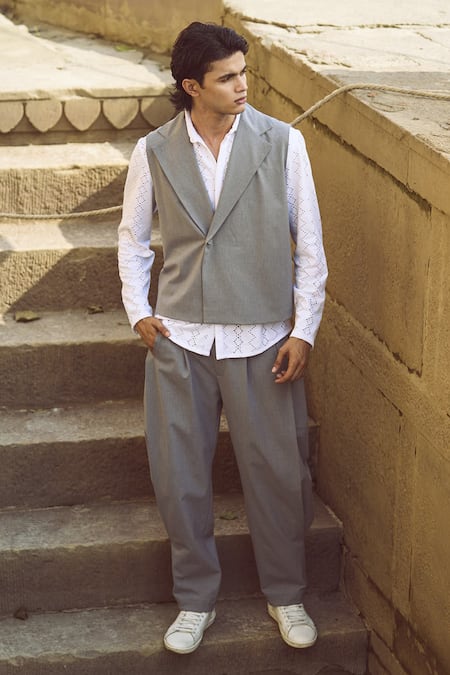 Buy Dash And Dot Grey Polyester, Viscose, Lycra Lapel Collar Boxy Waistcoat With Pant Buy_Dash And Dot_Grey Polyester, Viscose, Lycra Lapel Collar Boxy Waistcoat With Pant