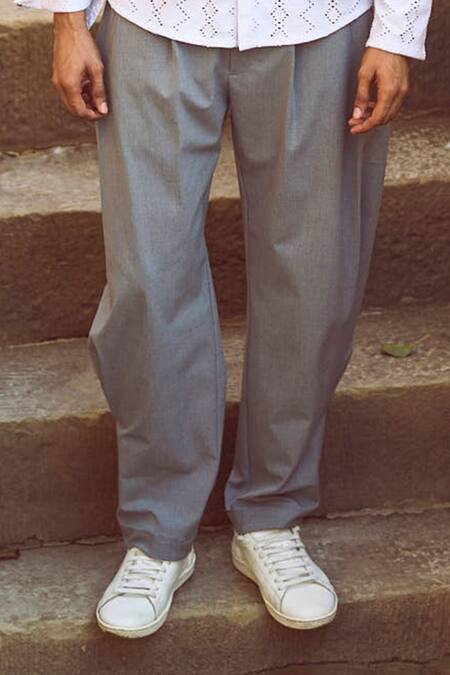 Dash And Dot Grey Polyester, Viscose, Lycra Inverted Box Pleat Pant Online at Aza Fashions Dash And Dot_Grey Polyester, Viscose, Lycra Inverted Box Pleat Pant _Online_at_Aza_Fashions