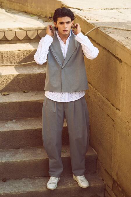 Dash And Dot Grey Polyester, Viscose, Lycra Inverted Box Pleat Pant at Aza Fashions Dash And Dot_Grey Polyester, Viscose, Lycra Inverted Box Pleat Pant _at_Aza_Fashions