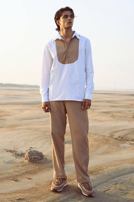 Dash And Dot_White Cotton, Polyester, Viscose, Lycra Contrast Bib Shirt With Pant _Online_at_Aza_Fashions