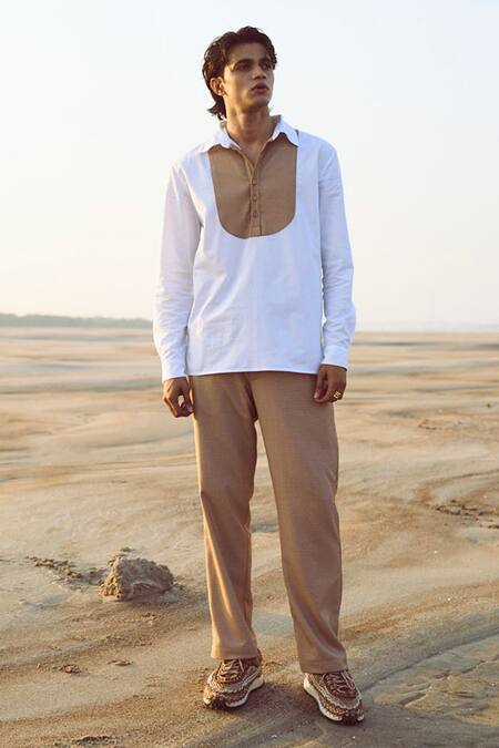 Dash And Dot_Beige 58% Polyester Textured Straight Pant  _Online_at_Aza_Fashions