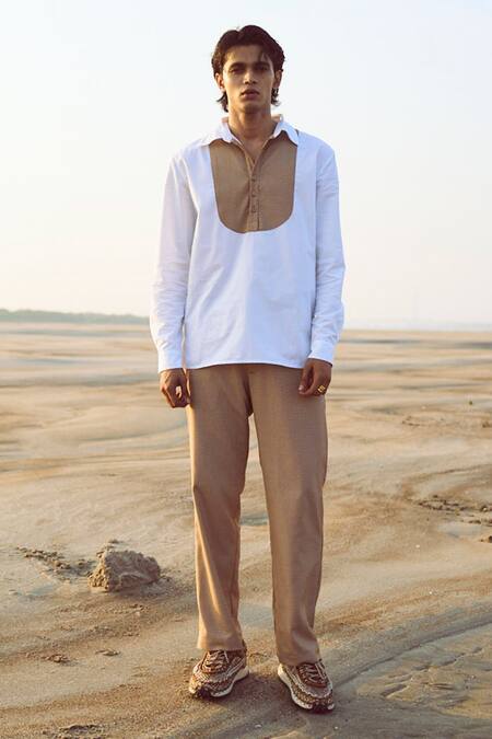 Buy_Dash And Dot_Beige 58% Polyester Textured Straight Pant  _Online_at_Aza_Fashions