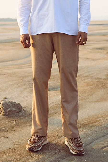 Shop_Dash And Dot_Beige 58% Polyester Textured Straight Pant  _Online_at_Aza_Fashions