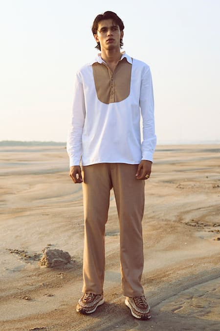 Dash And Dot_Beige 58% Polyester Textured Straight Pant  _at_Aza_Fashions