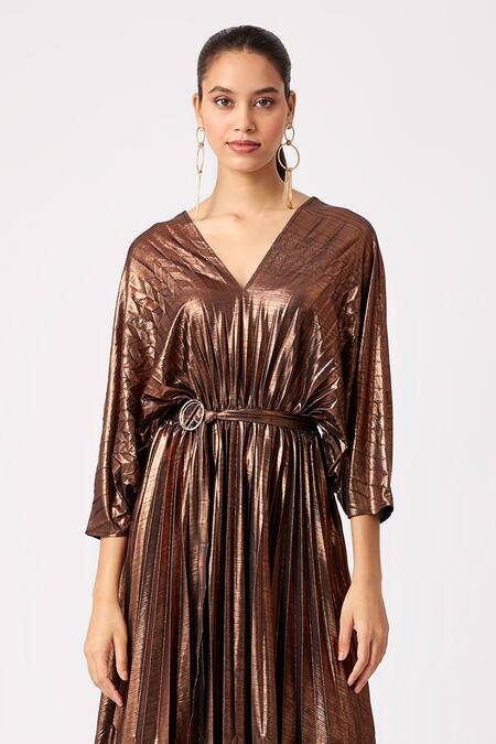 Scarlet Sage Gold Polyester V-neck Bronze Pleated Kaftan Midi Dress Online at Aza Fashions Scarlet Sage_Gold Polyester V-neck Bronze Pleated Kaftan Midi Dress_Online_at_Aza_Fashions