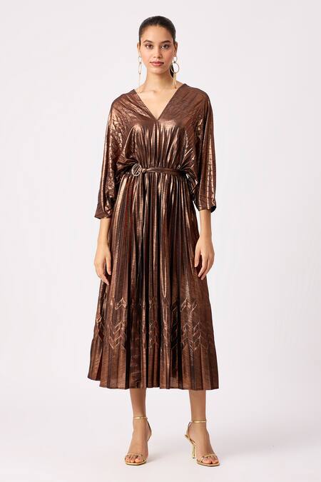 Buy Scarlet Sage Gold Polyester V-neck Bronze Pleated Kaftan Midi Dress Online at Aza Fashions Buy_Scarlet Sage_Gold Polyester V-neck Bronze Pleated Kaftan Midi Dress_Online_at_Aza_Fashions