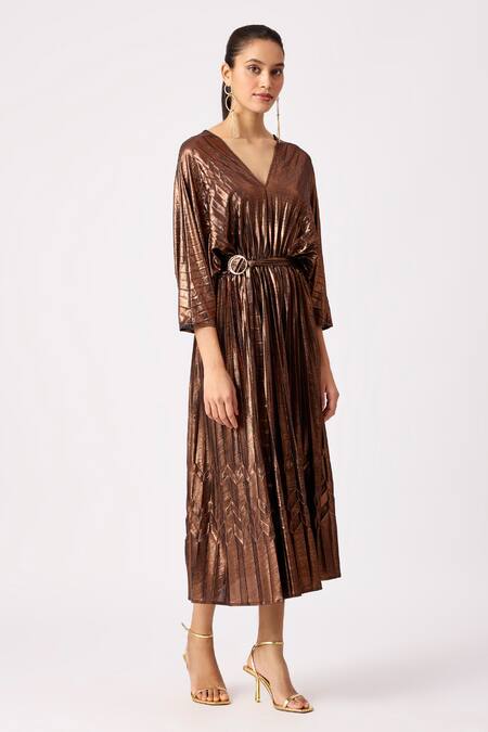 Shop Scarlet Sage Gold Polyester V-neck Bronze Pleated Kaftan Midi Dress Online at Aza Fashions Shop_Scarlet Sage_Gold Polyester V-neck Bronze Pleated Kaftan Midi Dress_Online_at_Aza_Fashions