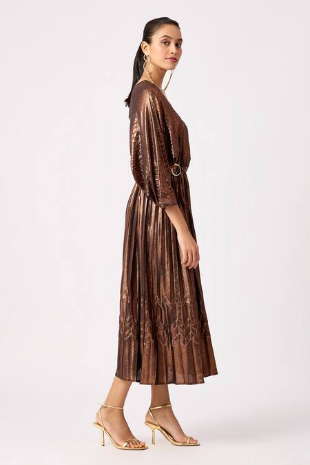 Scarlet Sage Gold Polyester V-neck Bronze Pleated Kaftan Midi Dress at Aza Fashions Scarlet Sage_Gold Polyester V-neck Bronze Pleated Kaftan Midi Dress_at_Aza_Fashions