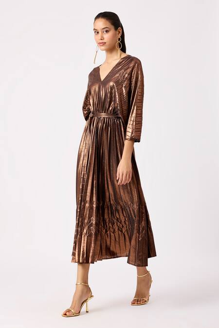 Buy Scarlet Sage Gold Polyester V-neck Bronze Pleated Kaftan Midi Dress Buy_Scarlet Sage_Gold Polyester V-neck Bronze Pleated Kaftan Midi Dress