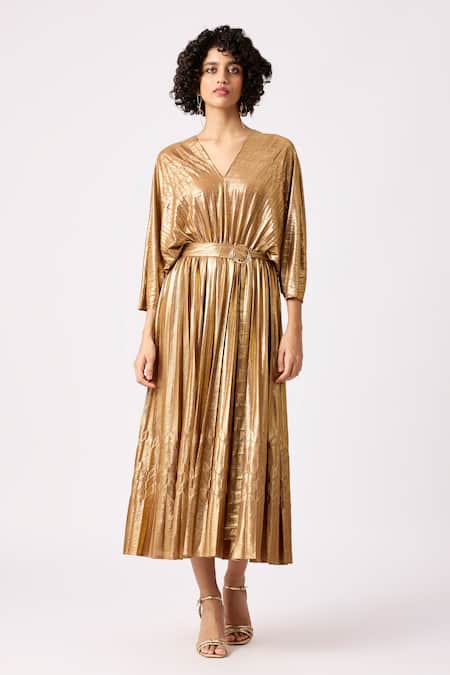 Scarlet Sage Gold 100% Polyester Plain V Neck Adelline Midi Metallic Dress 