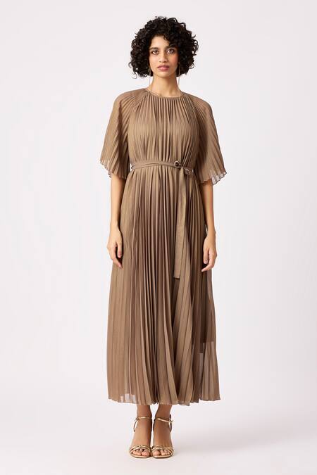 Scarlet Sage_Brown Polyester Round Neck Ariel A-line Pleated Dress_Online_at_Aza_Fashions