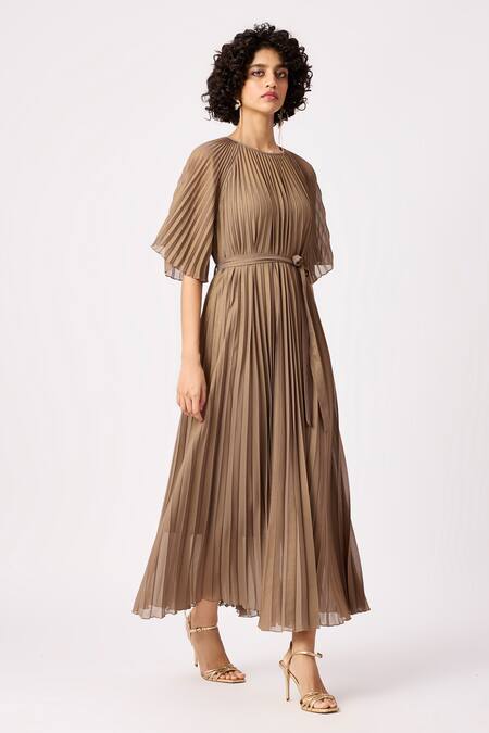 Shop_Scarlet Sage_Brown Polyester Round Neck Ariel A-line Pleated Dress_Online_at_Aza_Fashions
