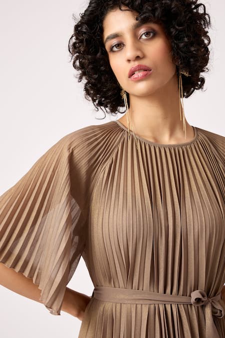 Scarlet Sage_Brown Polyester Round Neck Ariel A-line Pleated Dress_at_Aza_Fashions