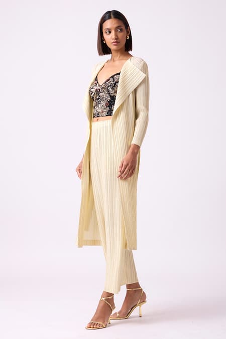 Shop_Scarlet Sage_Ivory Polyester Collared Camille Metallic Pleated Overlay And Pant Set_Online_at_Aza_Fashions