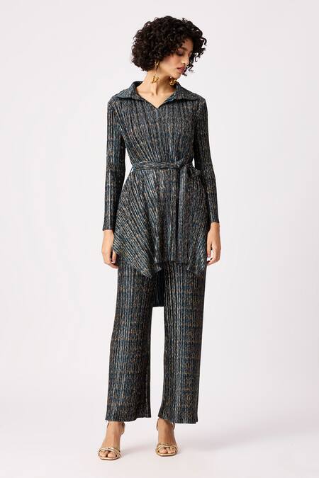 Buy Blue 100% Polyester Plain Cathy Pleated High Low Tunic And Pant Set For  Women by Scarlet Sage Online at Aza Fashions.