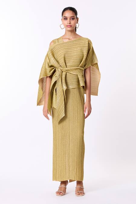 Scarlet Sage_Gold Polyester Asymmetric Metallic Cape Dress With Sashe_Online_at_Aza_Fashions