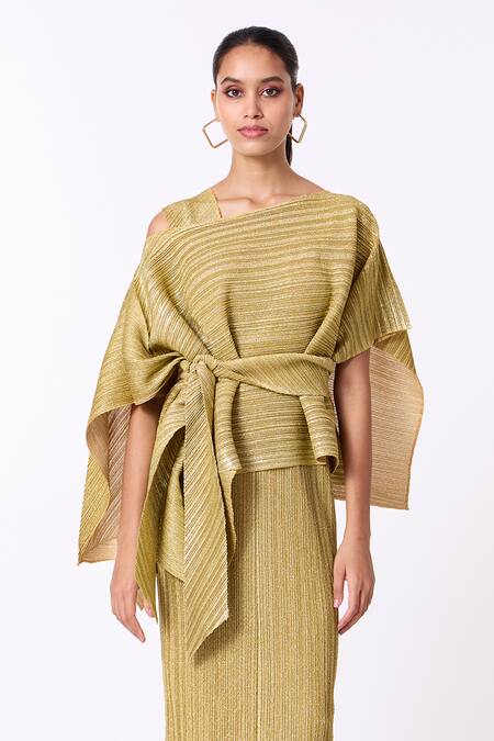 Buy_Scarlet Sage_Gold Polyester Asymmetric Metallic Cape Dress With Sashe_Online_at_Aza_Fashions