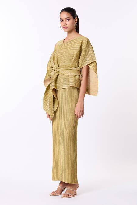 Shop_Scarlet Sage_Gold Polyester Asymmetric Metallic Cape Dress With Sashe_Online_at_Aza_Fashions