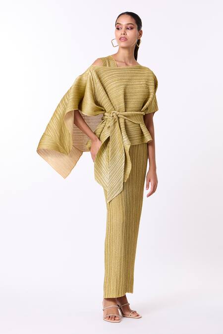 Scarlet Sage_Gold Polyester Asymmetric Metallic Cape Dress With Sashe_at_Aza_Fashions