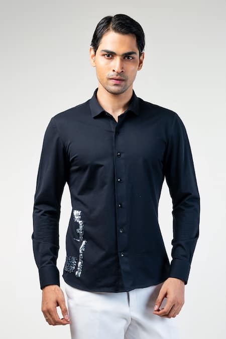 Buy Kommal Sood Black Cotton Sequins Embroidered Button Down Shirt Online at Aza Fashions Buy_Kommal Sood_Black Cotton Sequins Embroidered Button Down Shirt _Online_at_Aza_Fashions