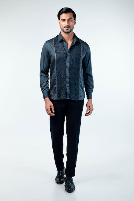 Kommal Sood Grey Cotton Lace Embroidered Button Down Shirt