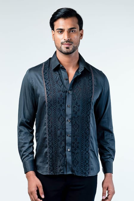 Kommal Sood_Grey Cotton Lace Embroidered Button Down Shirt _Online_at_Aza_Fashions