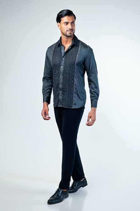 Buy_Kommal Sood_Grey Cotton Lace Embroidered Button Down Shirt _Online_at_Aza_Fashions