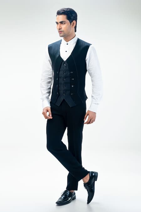 Buy_Kommal Sood_Black Cupro Layered Waistcoat Pant Set  