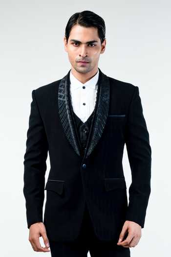 Shop Kommal Sood Black Cupro Embroidered Cutdana Tuxedo Pant Set Shop_Kommal Sood_Black Cupro Embroidered Cutdana Tuxedo Pant Set