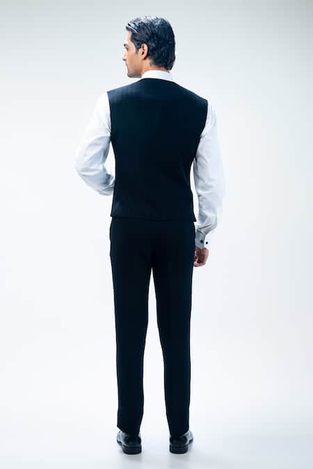 Kommal Sood_Black Cupro Embroidered Cutdana Tuxedo Waistcoat Set  _at_Aza_Fashions