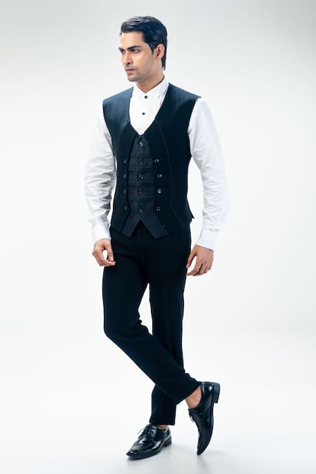 Shop_Kommal Sood_Black Cupro Embroidered Cutdana Tuxedo Waistcoat Set  