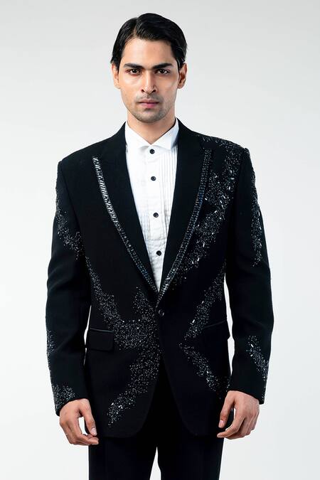 Shop Kommal Sood Black Cupro Embroidered Hand Tuxedo Pant Set Online at Aza Fashions Shop_Kommal Sood_Black Cupro Embroidered Hand Tuxedo Pant Set _Online_at_Aza_Fashions
