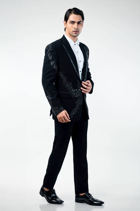 Buy Kommal Sood Black Cupro Embroidered Hand Tuxedo Pant Set Buy_Kommal Sood_Black Cupro Embroidered Hand Tuxedo Pant Set