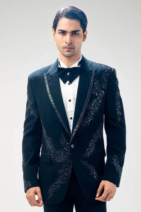 Shop_Kommal Sood_Black Cupro Embroidered Tuxedo Pant Set  _Online_at_Aza_Fashions