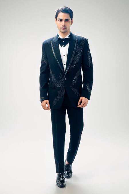 Kommal Sood_Black Cupro Embroidered Tuxedo Pant Set  _at_Aza_Fashions