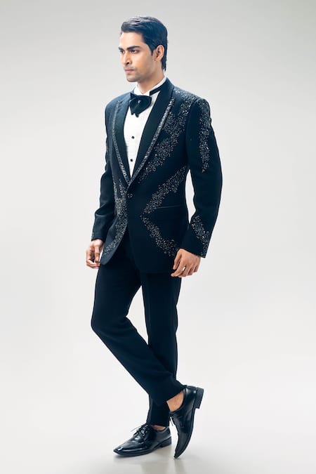 Buy_Kommal Sood_Black Cupro Embroidered Tuxedo Pant Set  