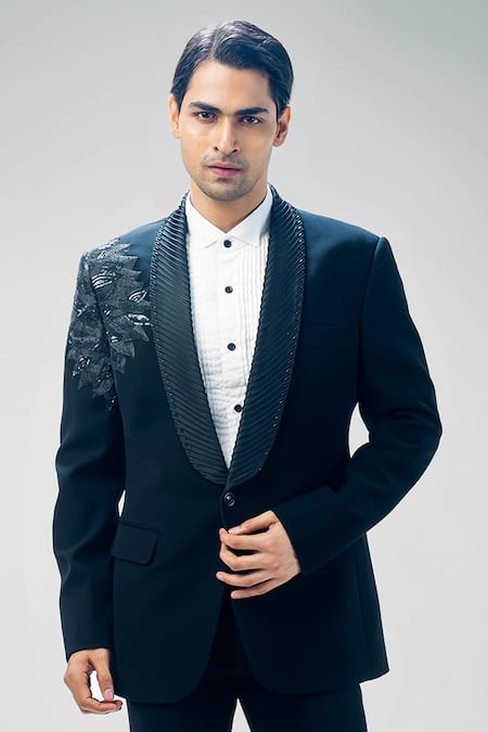 Shop_Kommal Sood_Black Cupro Embroidered Sequin Placement Tuxedo Pant Set  _Online_at_Aza_Fashions