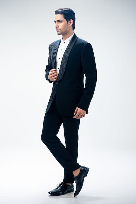 Kommal Sood_Black Cupro Embroidered Sequin Placement Tuxedo Pant Set  _at_Aza_Fashions