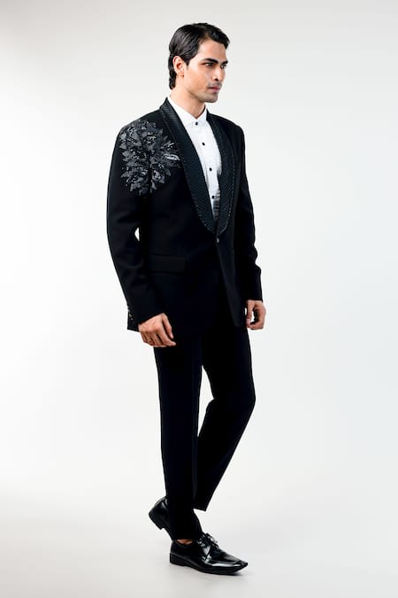 Buy_Kommal Sood_Black Cupro Embroidered Sequin Placement Tuxedo Pant Set  